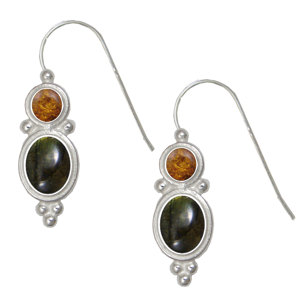 Sterling Silver Drop Dangle Earrings Spectrolite And Amber